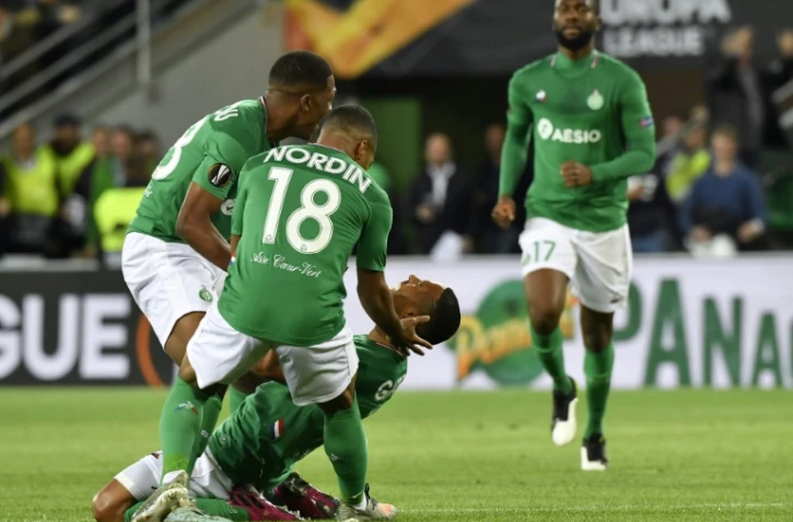 La joie du défenseur de Saint-Etienne Gabriel Silva lors de l'ouverture du score face à Olexandriya, en Ligue Europa, le 24 octobre 2019 à Geoffroy-Guichard