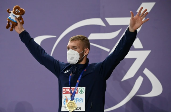Kevin Mayer médaillé d'or de l'heptathlon aux Championnats d'Europe d'athlétisme en salle à Torun, le 7 mars 2021
