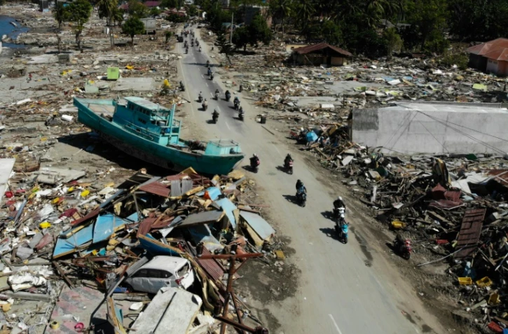 Vue aérienne de Palu, sur l'île des Célèbes en Indonésie, le 1er octobre 2018 après un séisme et le passage d'un tsunami