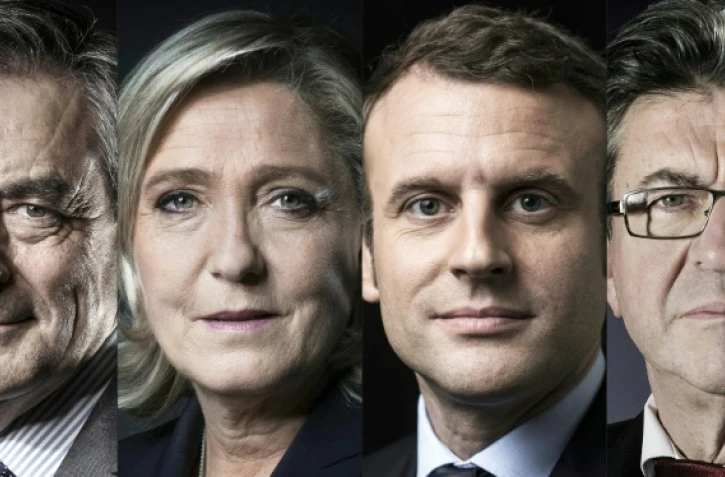 Montage créé le 14 avril 2017 des quatre principaux candidats à l'électin présidentielle: François Fillon, Marine Le Pen, Emmanuel Macron et Jean-Luc Melenchon