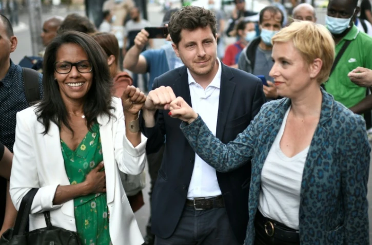 Audrey Pulvar, Julien Bayou et Clémentine Autain à Aubervilliers le 21 juin 2021 pour expliquer leur accord d'union