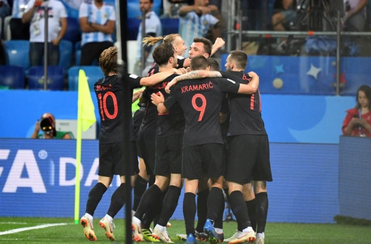 Les joueurs croates fous de joie après leur 3e but face àl'Argentine le 21 juin 2018 lors du Mondial en Russie
