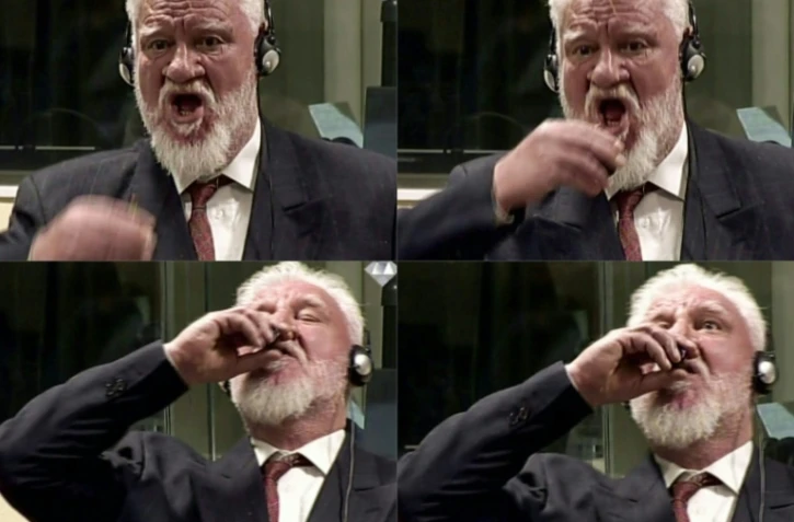 Captures d'images de la vidéo du TPIY sur laquelle on voit l'ex-chef militaire des Croates de Bosnie Slobodan Praljak avaler du poison, au moment du verdict, le 29 novembre 2017 à La Haye