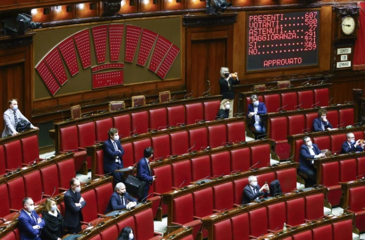 Les résultats affichés sur un tableau électronique d'un vote de confiance des députés italiens au gouvernement de Giuseppe Conte, sorti vainqueur du scrutin, le 18 janvier 2021 à Rome, en attendant un vote plus incertain mercredi au Sénat.

