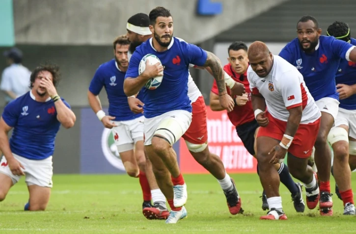 Le centre français Sofiane Guitoune (c) lors du match de poules du Mondial face aux Tonga, à Kumamoto, le 6 octobre 2019