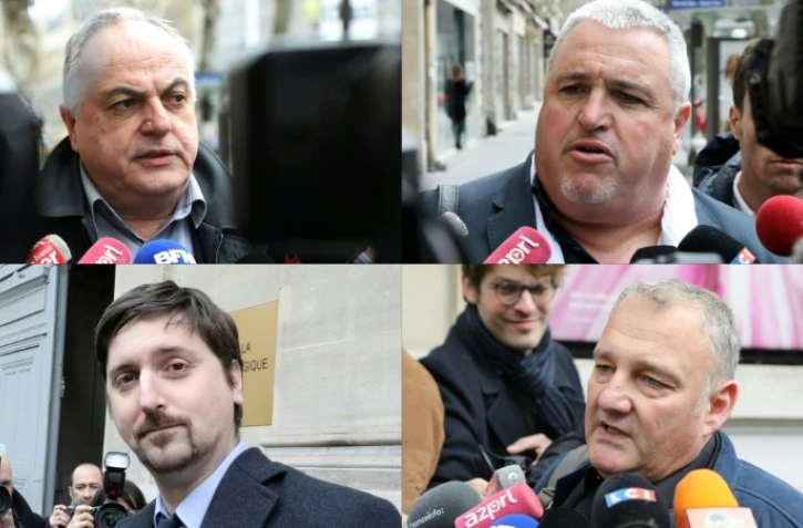 Le secrétaire général de l'Unsa Roger Dillenseger (en haut à gauche), le secrétaire général de la CFDT Didier Aubert (en haut à droite), celui de la CGT Laurent Brun (en bas à gauche) et le représentant de Sud-Rail Eric Santinelli (en bas à droite).
