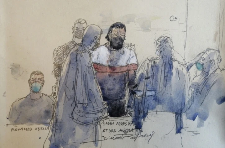 Croquis d'audience réalisé le 9 septembre 2021 montrant Salah Abdeslam, l'un des principaux accusés au procès des attentats du 13 novembre 2015 à Paris