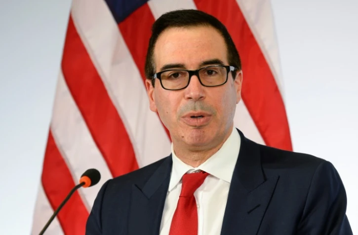 Le nouveau secrétaire d'Etat américain au Trésor, Steven Mnuchin, le 18 mars 2017 lors d'une conférence de presse à Baden Baden où se tient une réunion des ministres des Finances du G20