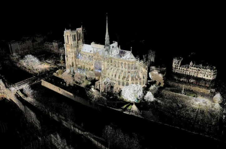 Image de synthèse de la cathédrale Notre-Dame de Paris, créée à partir de mesures par laser réalisées par Andrew Tallon, professeur d'art américain décédé en novembre 2018

