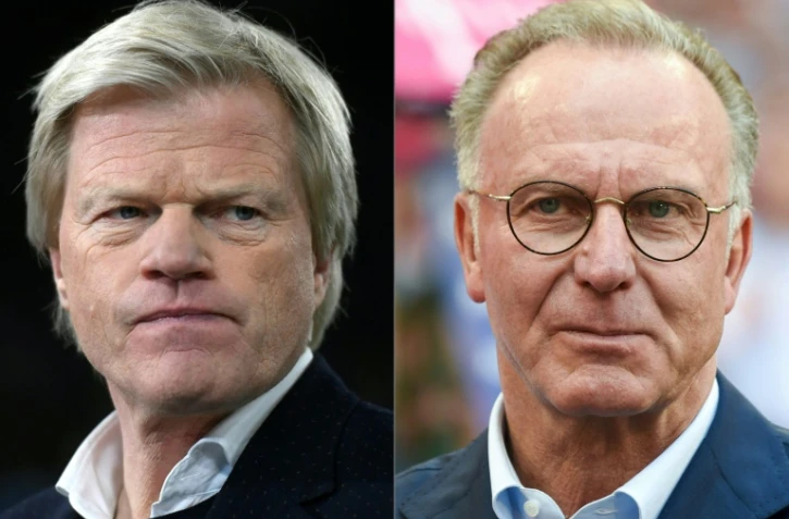 Combo réalisé le 1er juin 2021 avec des photos d'Oliver Kahn, à gauche, à Gelsenkirchen le 17 janvier 2020 et Karl-Heinz Rummenigge, à droite, le 12 mai 2018 à Munich