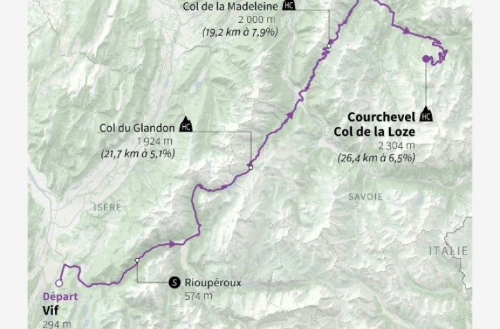 Carte de l'étape 18 du Tour de France le 24 juillet entre Vif et Courchevel