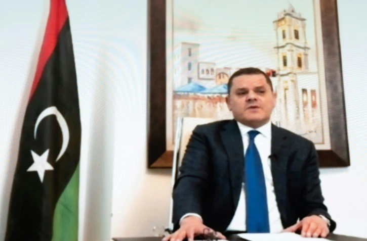 Abdel Hamid Dbeibah, Premier ministre par intérim de la Libye, le 3 février 2021 près de Genève