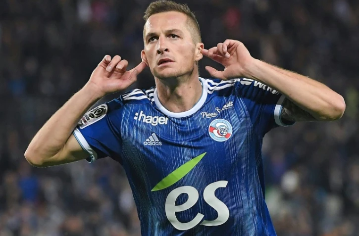 Le milieu de terrain de Strasbourg Dimitri Lienard buteur lors de la victoire 2-1 Ă domicile face Ă Nantes le 20 septembre 2019