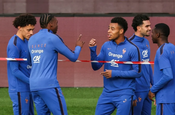 Désiré Doué (c) lors de l'entraînement de l'équipe de France, à la veille du match de Ligue des nations contre la Belgique, le 27 septembre 2026 à Bruxelles