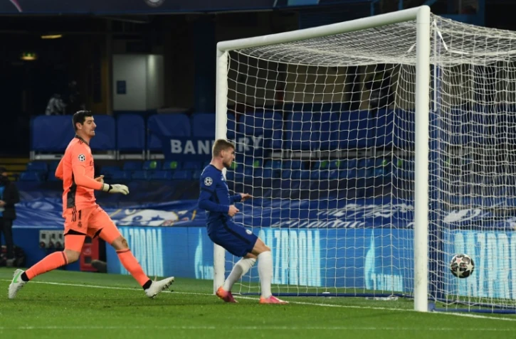 L'attaquant allemand de Chelsea, Timo Werner, ouvre le score lors de la demi-finale retour de la Ligue des champions contre le Real Madrid, Ă Londres, le 5 mai 2021