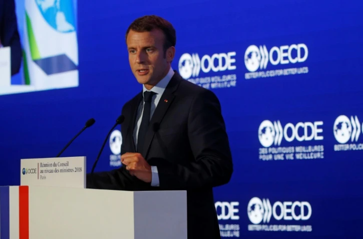 Emmanuel Macron prononce un discours devant l'OCDE à Paris, le 30 mai 2018
