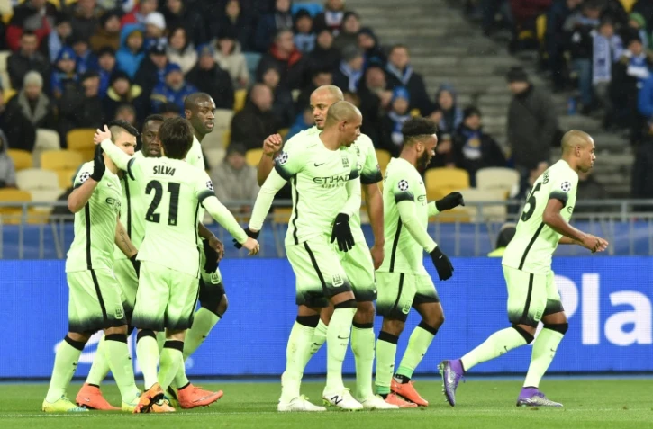 La joie des joueurs de Manchester City après le but de Sergio Agüero (g) face au Dynamo, le 24 février 2016 à Kiev