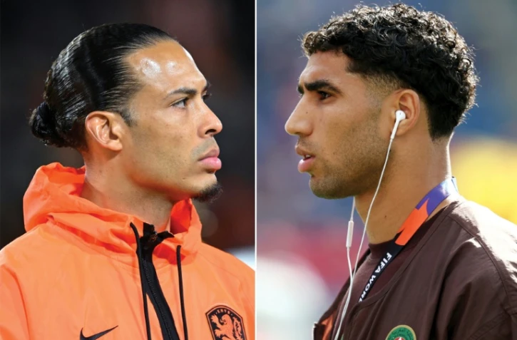 Photomontage du défenseur néerlandais Virgil van Dijk (gauche) et du capitaine du Maroc Achraf Hakimi qui s'affrontent le 29 juin 2026 à Monterrey (Mexique)
