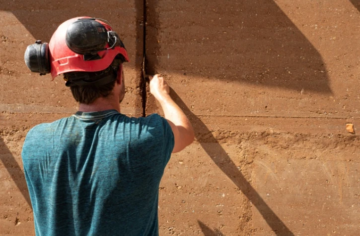 Construction à Lyon d'un bâtiment en pisé, une terre crue favorisant les économies d'énergie, en juin 2019