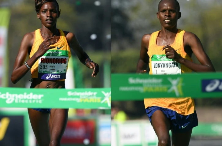 Photo montage du Kényan Paul Lonyangata et de son épouse Prurity Rionoripo vainqueurs du marathon de Paris, le 9 avril 2017