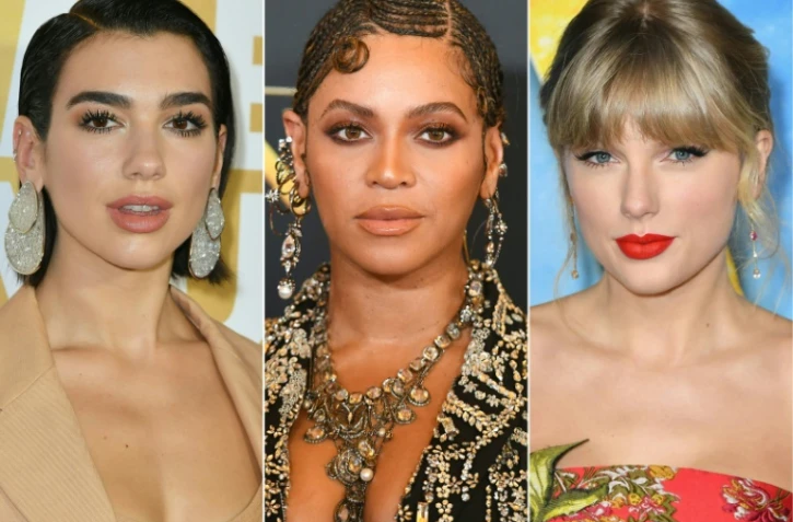 Combinaison d'images avec de gauche à droite, la Britannique Dua Lipa, et les Américaines Beyoncé, et Taylor Swift