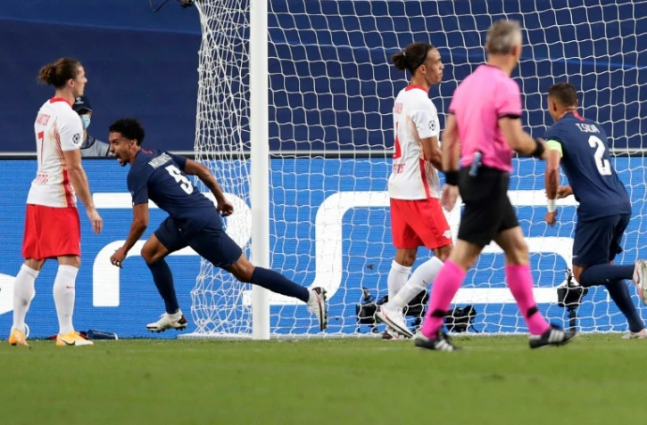Marquinhos vient d'ouvrir le score pour le PSG face au RB Leipzig en demi-finale de la Ligue des champions au stade de la Luz, le 18 août 2020 à Lisbonne