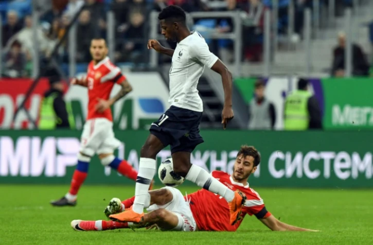 L'attaquant français Ousmane Dembélé face à la Russie en match amical, le 27 mars 2018 à Saint-Pétersbourg