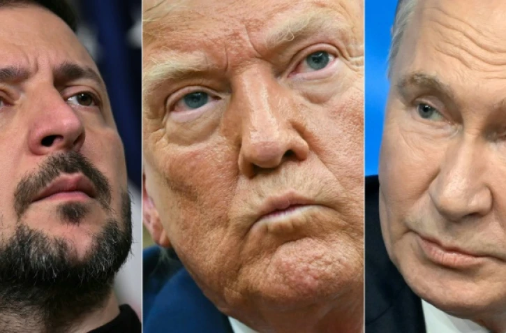 Portraits, de gauche à droite, des présidents ukrainien Volodymyr Zelensky, américain Donald Trump et russe Vladimir Poutine 