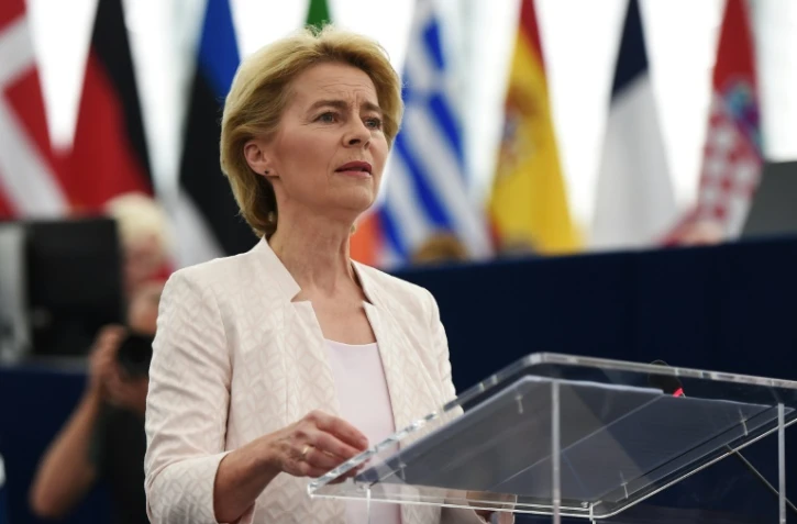 L'Allemande Ursula von der Leyen, candidate à la présidence de la Commission européenne, s'adresse au Parlement européen, le 16 juillet 2019 à Strasbourg dans l'est de la France