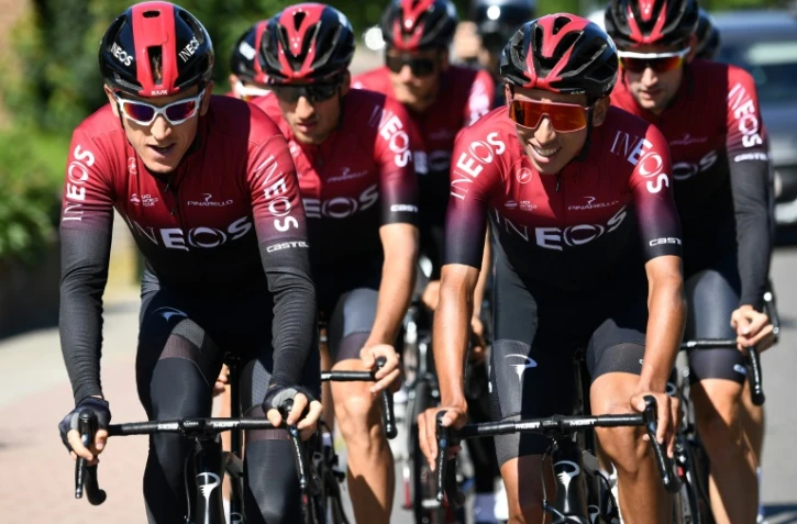 Le Gallois Geraint Thomas et le Colombien Egan Bernal lors d'un entraînement, le 4 juillet 2019 près d'Overijse, en Belgique, deux jours avant le départ du Tour de France