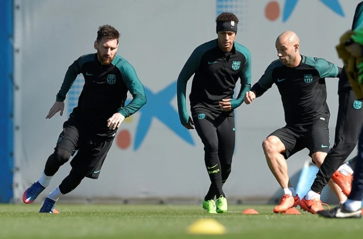 Les Barcelonais Lionel Messi, Neymar et Javier Mascherano, le 7 mars 2017, à la veille du 8e de finale retour de Ligue des champions face au Paris SG