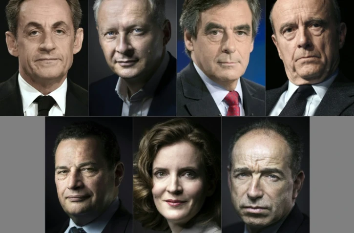 Montage de portraits d'archives réalisé le 2 septembre 2016 des sept candidats à la primaire, Nicolas Sarkozy, Bruno Le Maire, François Fillon, Alain Juppé (de GàD en haut), Jean-Frédéric Poisson, Nathalie Kosciusko-Morizet et Jean-Francois Copé(de GàD en bas)