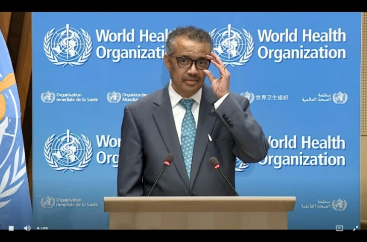 Le directeur général de l'OMS Tedros Adhanom Ghebreyesus en visioconférence, le 18 mai 2020 Genève, à l'ouverture virtuelle de l'Assemblée mondiale de la santé