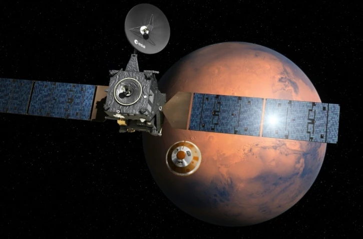 La sonde TGO et le module Schiaparelli (représentés ici sur une vue d'artiste) forment le premier volet d'ExoMars, mission scientifique européano-russe qui vise à rechercher des indices d'une vie actuelle et passée sur Mars