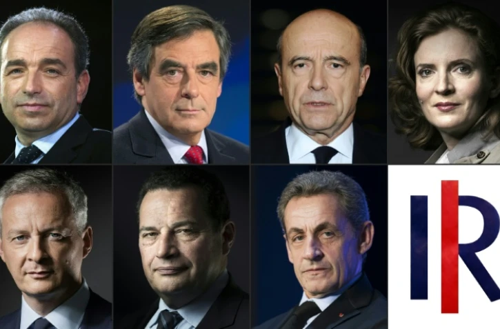 Photo-montage des portraits des sept candidats à la primaire de la droite: en haut (de G à D) Jean-François Copé, François Fillon, Alain Juppé, Nathalie Kosciusko-Morizet ; en bas de (G à D) Bruno Le Maire, Jean-Frédéric Poisson et Nicolas Sarkozy