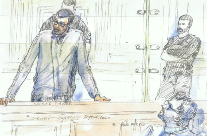 Croquis d'audience réalisé le 20 janvier 2020 de l'ex-recruteur jihadiste présumé Mourad Farès lors de son procès à Paris.