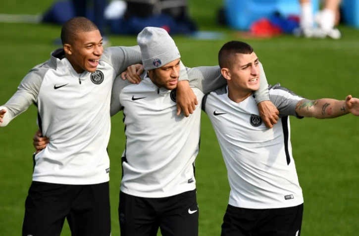 Kylian Mbappé, Neymar et Marco Verratti lors d'un entraînement du PSG, le 17 octobre 2017 à Saint-Germain-en-Laye