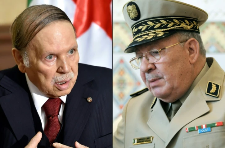 Un photomontage créé le 26 mars 2019 montre le président algérien Abdelaziz Bouteflika (G) lors d'une visite le 1er avril 2016 près d'Alger, et le chef d'état-major de l'armée Ahmed Gaïd Salah à l'aéroport international d'Alger le 20 mars 2014