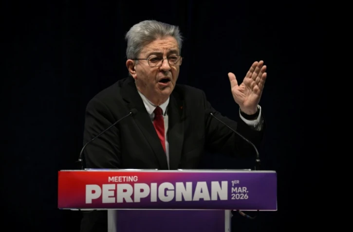Le fondateur de La France insoumise Jean-Luc Mélenchon lors d'un meeting le 1er mars 2026 à Perpignan