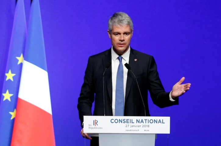Le président de LR Laurent Wauquiez  prononce un discours lors du conseil national de son parti, à Paris, le 27 janvier 2018 