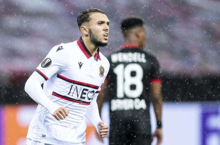 L'attaquant de Nice Amine Gouiri après un but lors d'un match de Ligue Europa à Leverkusen, le 22 octobre 2020