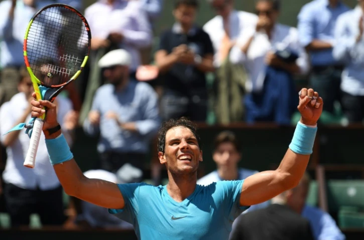 L'Espagnol Rafael Nadal aprĂšs sa qualification pour les demi-finales de Roland-Garros, le 7 juin 2018