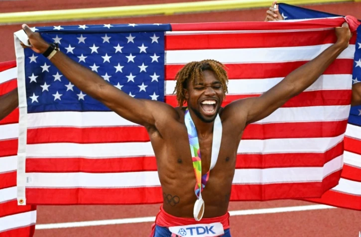 L'Américain Noeh Lyles après sa victoire en finale du 200 m, lors des Mondiaux d'athlétisme, le 21 juillet 2022 à Eugene (Oregon).