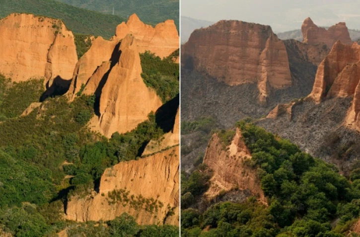 Cette combinaison d'images créee le 11 août 2025 montre le site de Las Médulas, anciennes mines romaines classée par l'Unesco, dans la municipalité de Carucedo, le 4 septembre 2024 (à gauche) et le même endroit photographié le 11 août 2025 (à droite) après qu'un incendie ait ravagé la région.