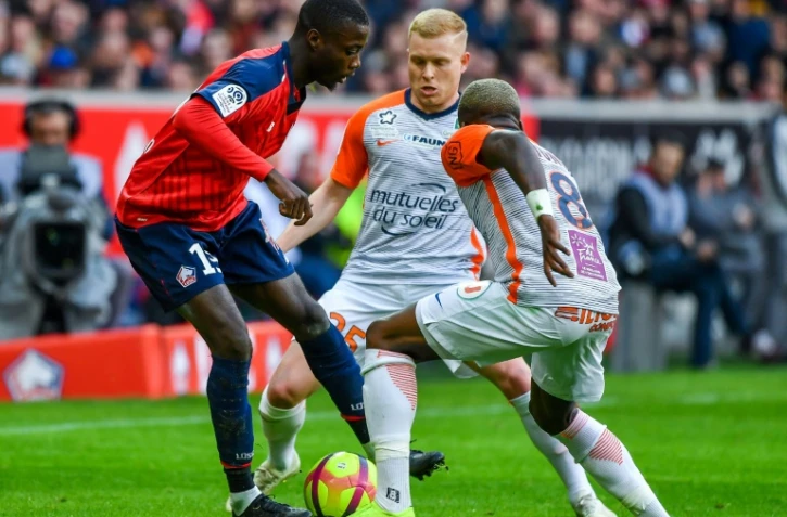 L'attaquant de Lille Nicolas Pépé (g) contre Montpellier, le 17 février 2019 au stade Pierre-Mauroy, à Villeneuve-d'Ascq