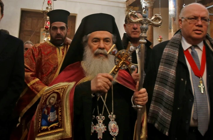 Le Patriarche grec-orthodoxe Théophile III de Jérusalem arrive à Bethléem pour célébrer le Noël orthodoxe, le 6 janvier 2019