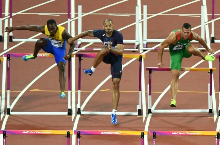 Le Français Garfield Darien (c) en finale du 110 m haies aux Mondiaux, le 7 août 2017 à Londres 