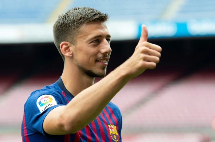 Le défenseur français Clément Lenglet lors de sa présentation officielle au FC Barcelone, le 13 juillet 2018 au Camp Nou   