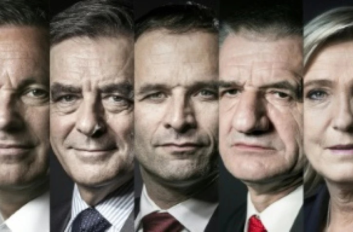 Les candidats de G à D: Nathalie Arthaud, Francois Asselineau, Jacques Cheminade, Nicolas Dupont-Aignan, François Fillon, Benoît Hamon, Jean Lassalle, Marine Le Pen, Emmanuel Macron, Jean-Luc Mélenchon et Philippe Poutou