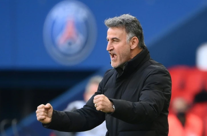 L'entraîneur de Lille Christophe Galtier exulte après le succès contre le PSG, le 3 avril 2021 au Parc des Princes